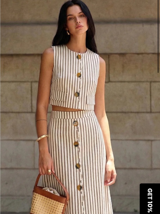 Commense Dresses & Skirts - Commense Cream and Brown Striped Crop Top & Midi Skirt Set